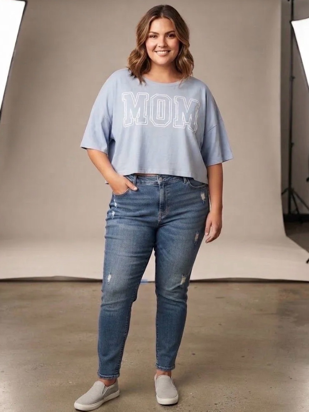 Celebrate It Light Blue "MOM" Cropped Short Sleeve Tee